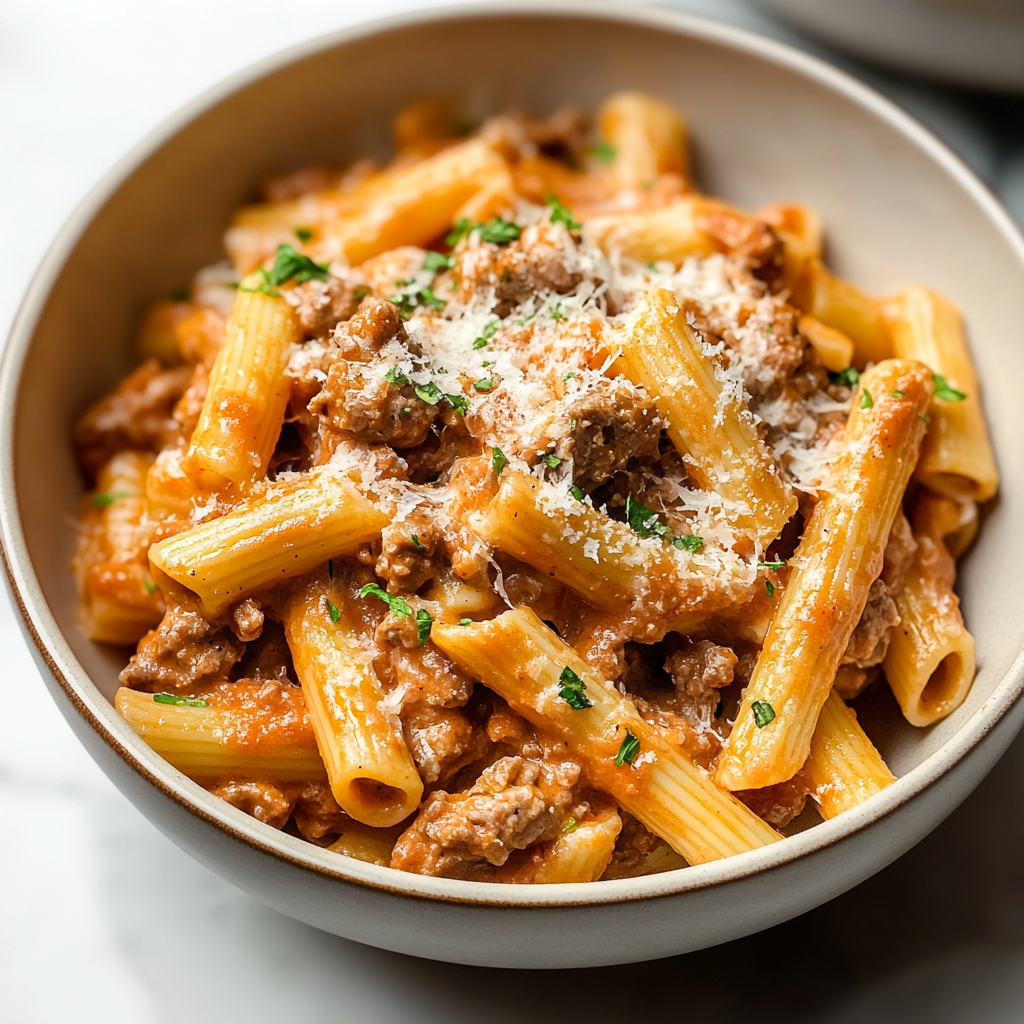 Recipe preparation for Creamy Beef Pasta