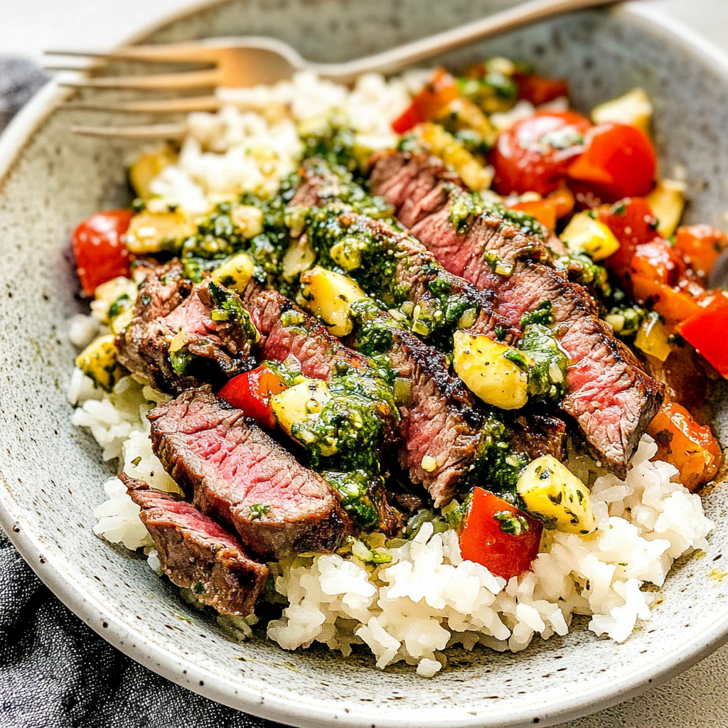 Recipe preparation for Skirt Steak Rice Bowls with Chimichurri Sauce
