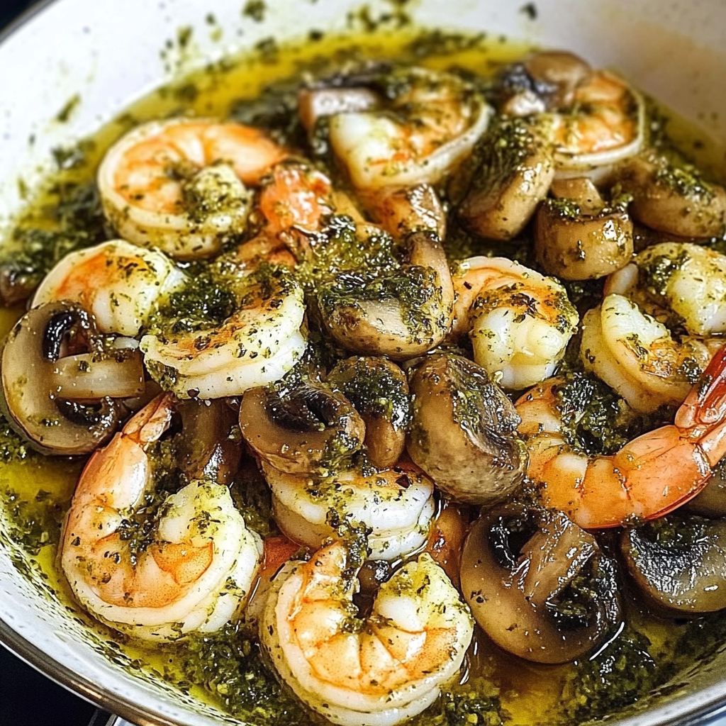 Recipe preparation for Pesto Shrimp with Mushrooms