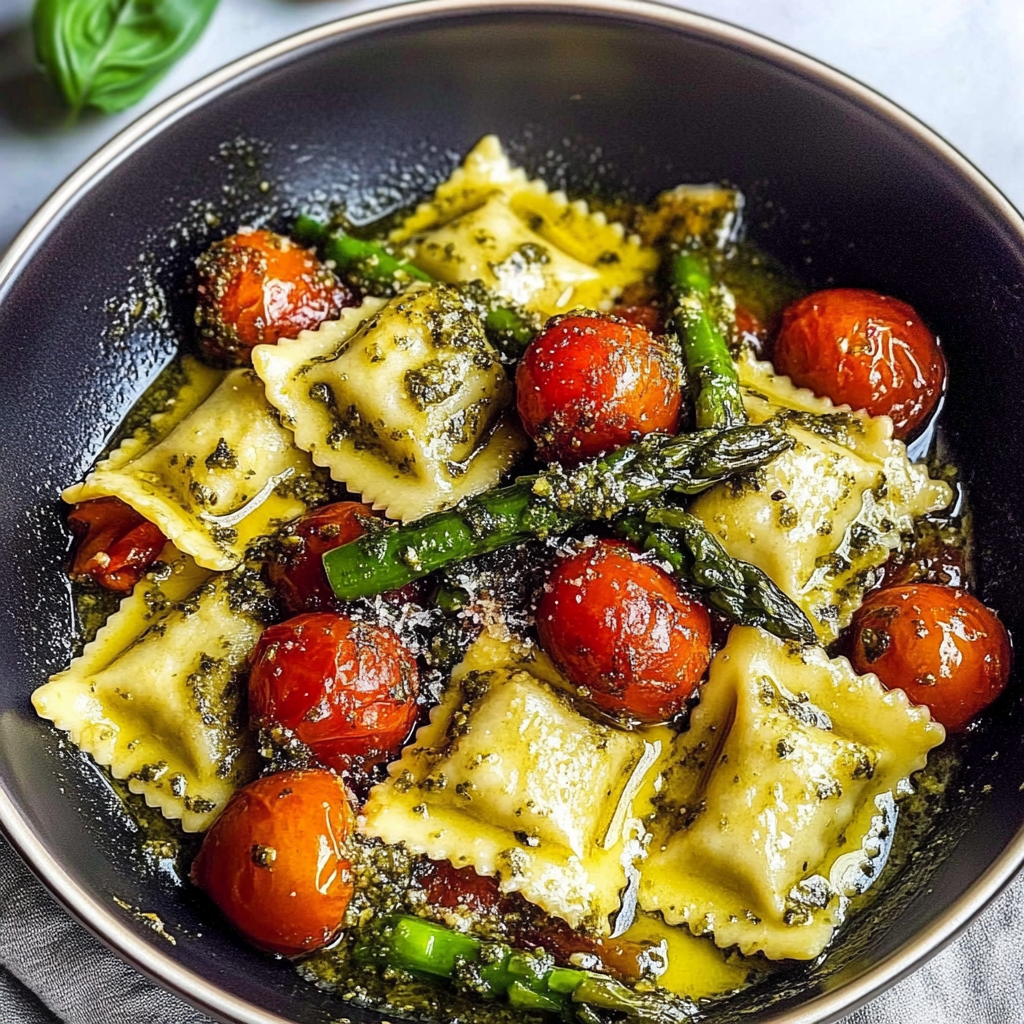 Recipe preparation for Chicken Ravioli with Pesto and Veggies