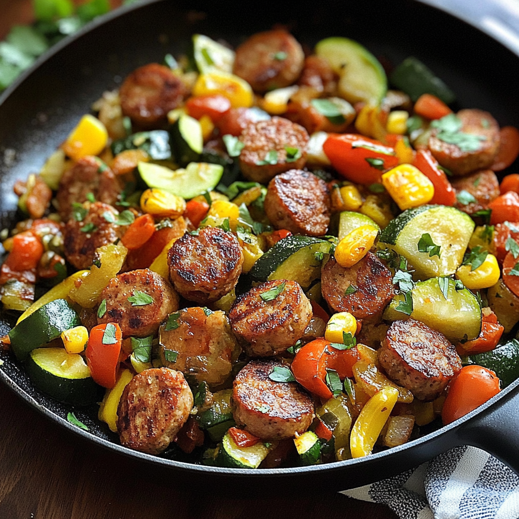 Recipe preparation for Sausage and Veggies Skillet