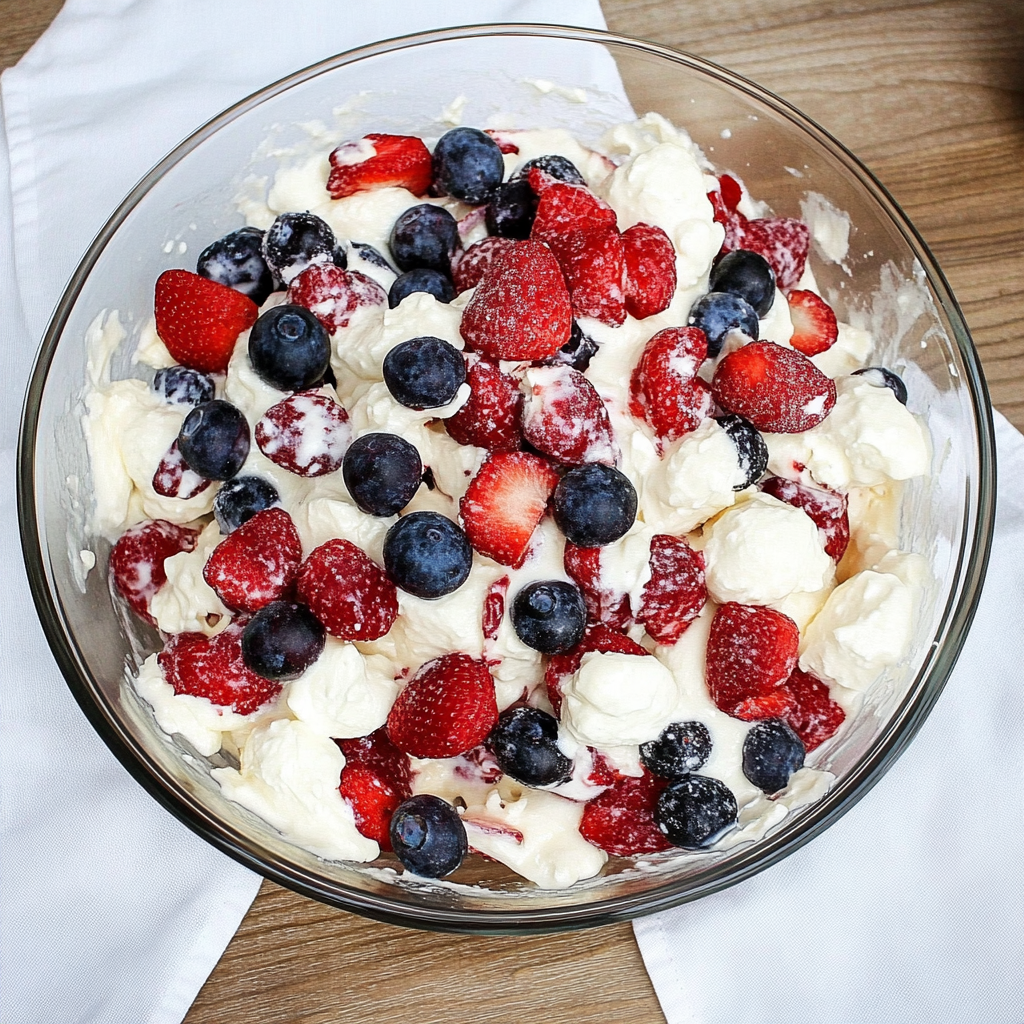 Recipe preparation for Red White & Blue Cheesecake Salad