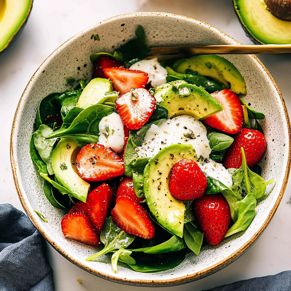 Recipe preparation for Summer Strawberry Spinach Salad with Avocado