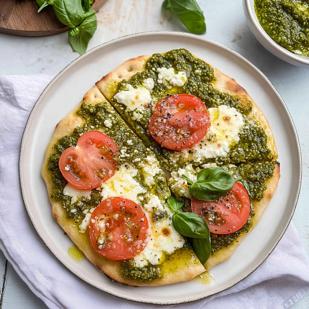 Recipe preparation for Pesto Flatbread Pizza
