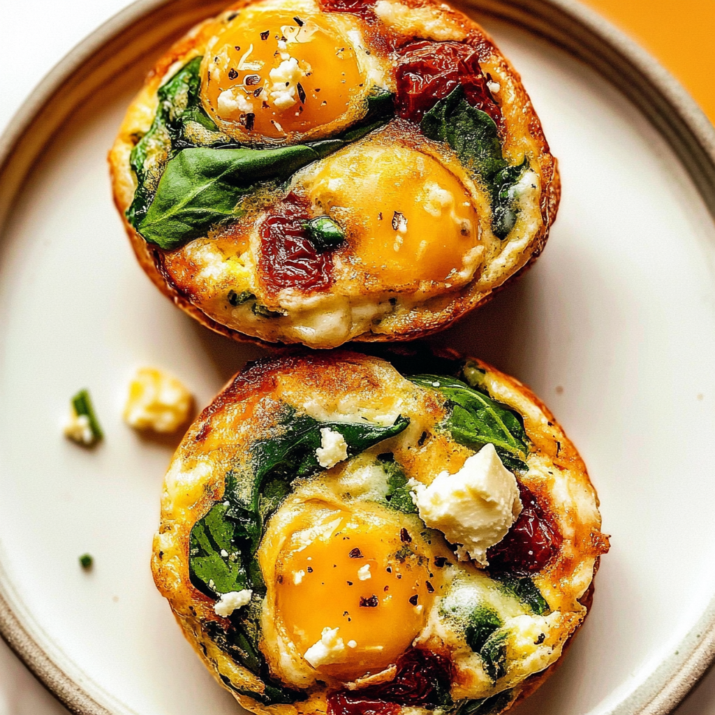 Recipe preparation for Spinach, Feta, and Sun-Dried Tomato Egg Muffin