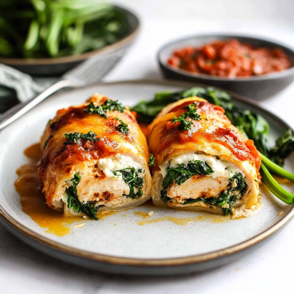 Recipe preparation for Spinach Stuffed Chicken Roll-Ups with Feta
