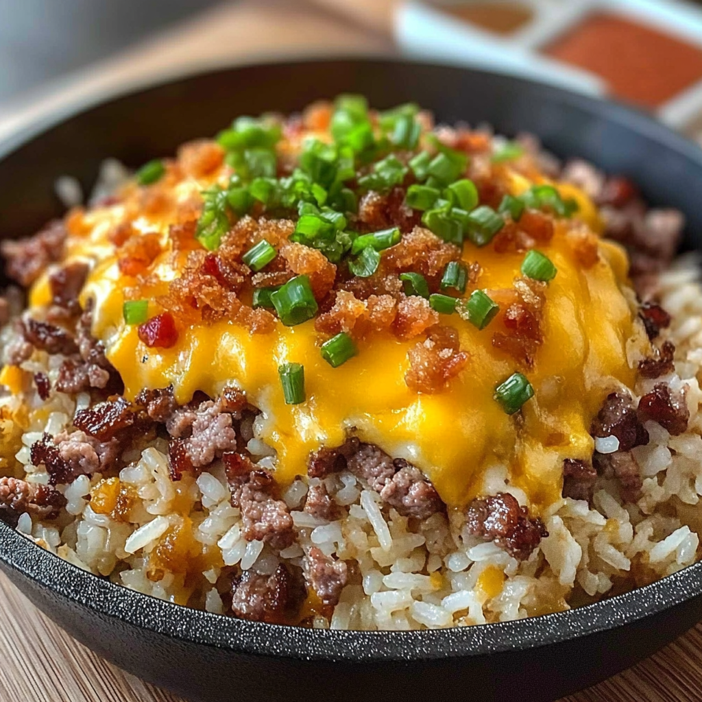 Recipe preparation for Bacon Cheeseburger Rice Skillet
