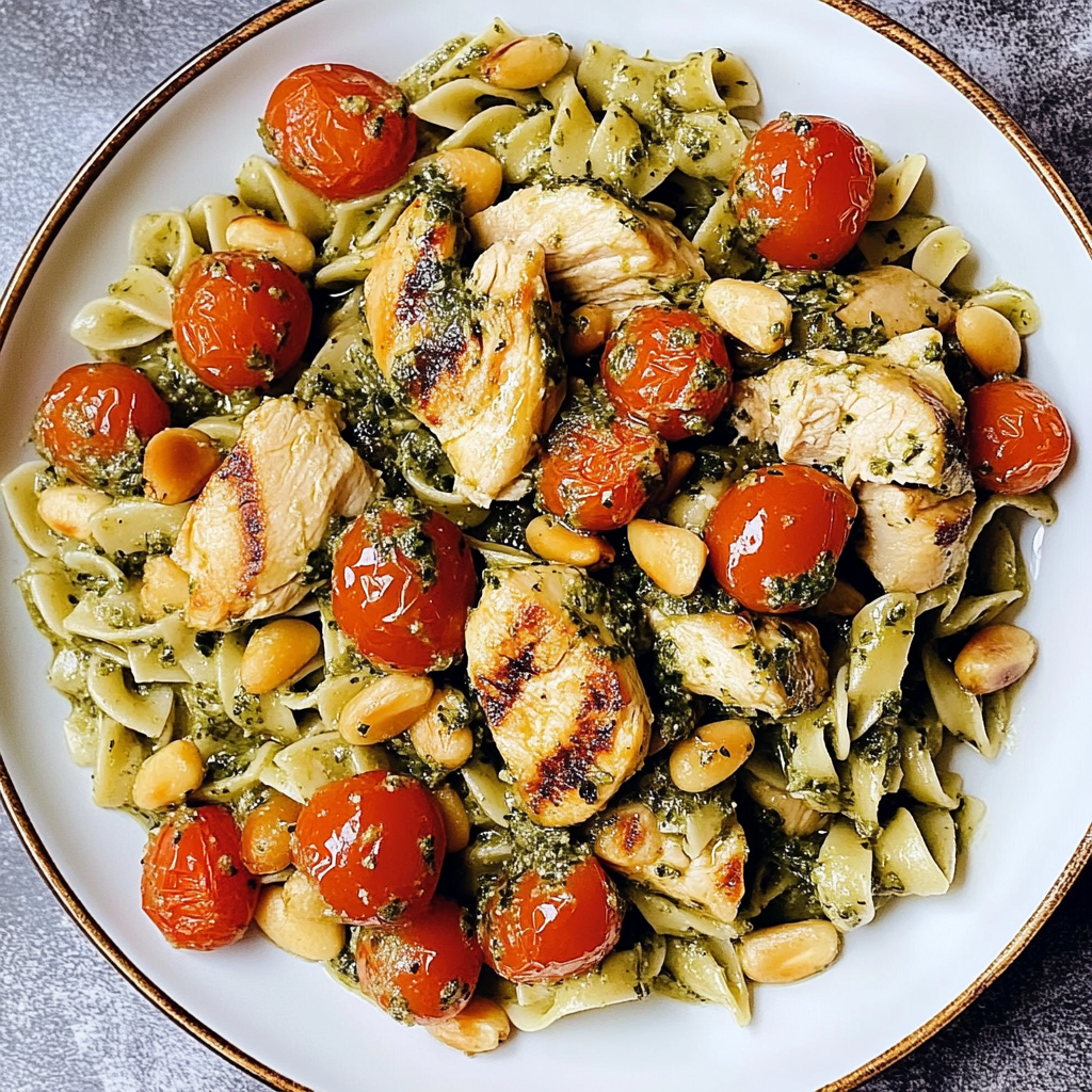 Recipe preparation for Chicken Pesto Pasta with Tomatoes and Pine Nuts