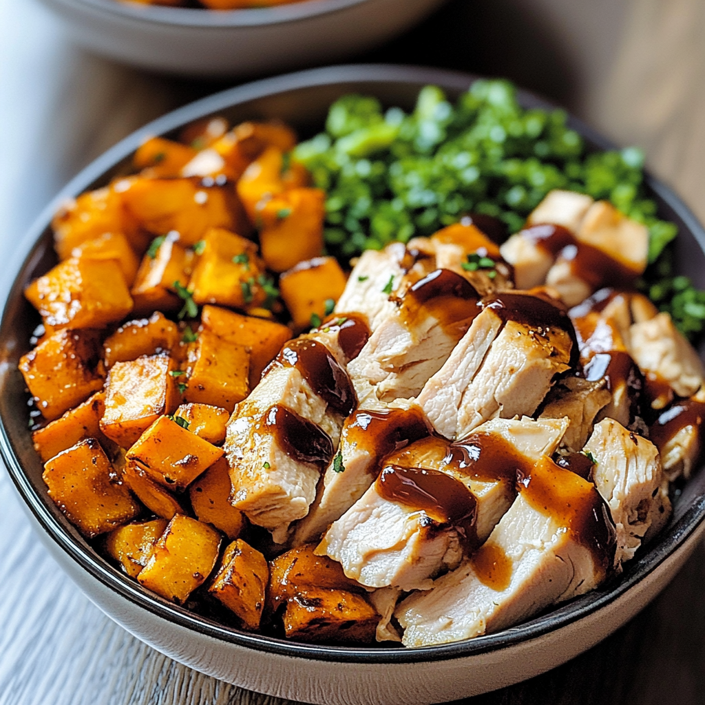 Recipe preparation for BBQ Chicken & Roasted Sweet Potato Bowls