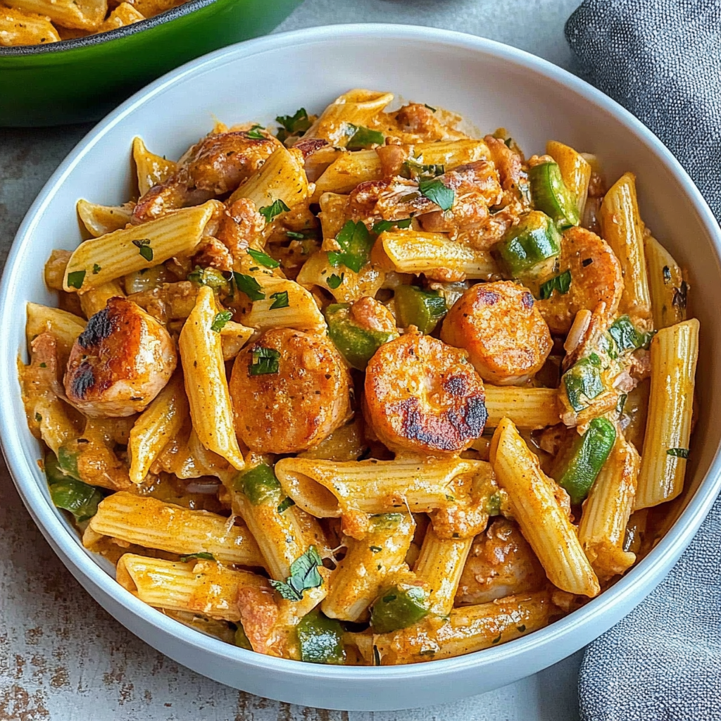 Recipe preparation for Creamy Cajun Shrimp Pasta with Sausage