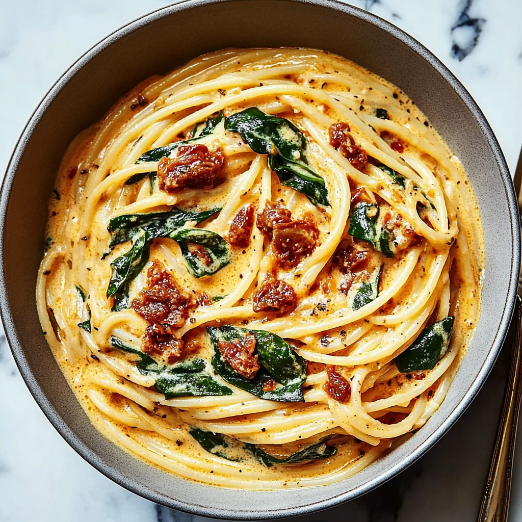 Recipe preparation for Creamy Sun-Dried Tomato Spaghetti with Spinach