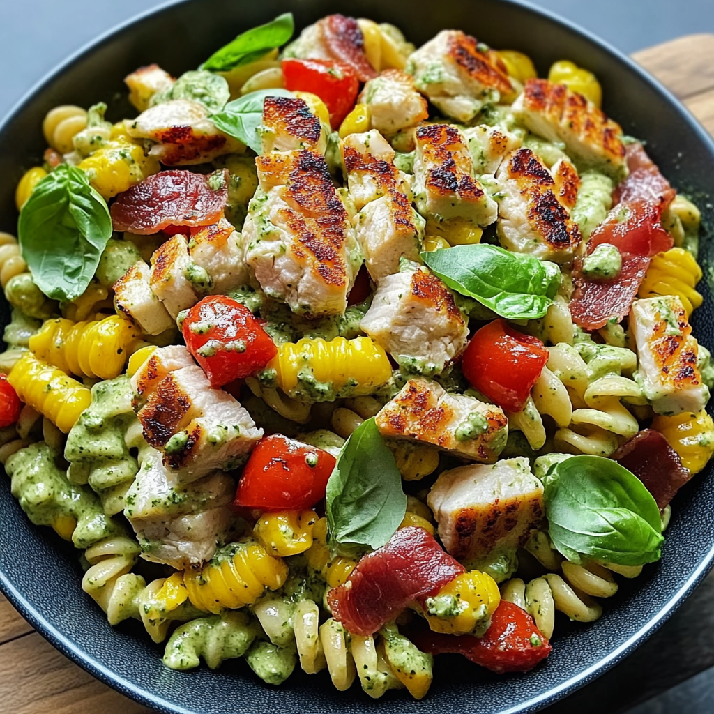 Recipe preparation for Chicken Corn Pasta Salad with Creamy Pesto and Bacon