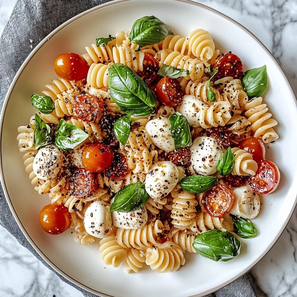 Recipe preparation for Caprese Pasta Salad with Fresh Mozzarella