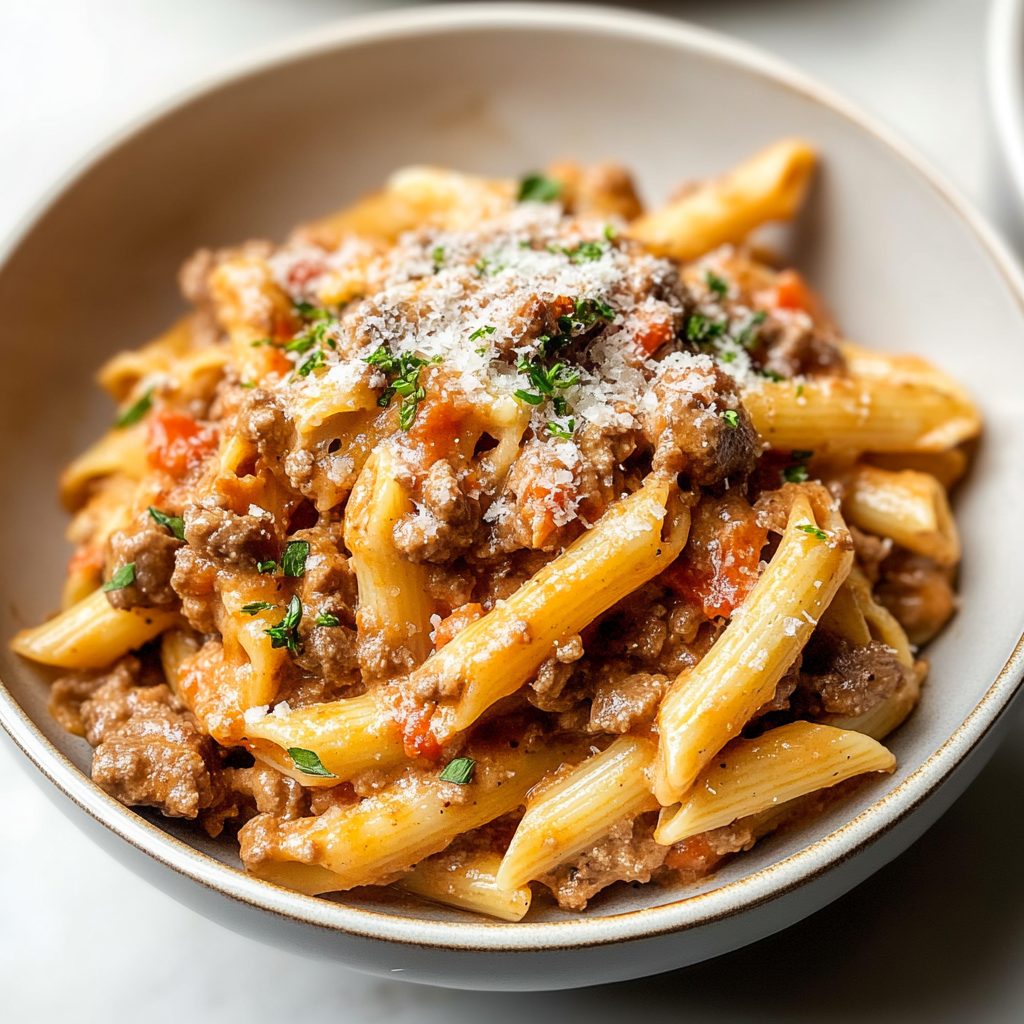 Recipe preparation for Creamy Beef Pasta