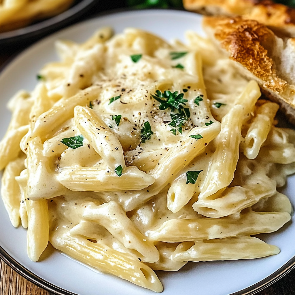 Recipe preparation for Creamy Garlic Penne Pasta