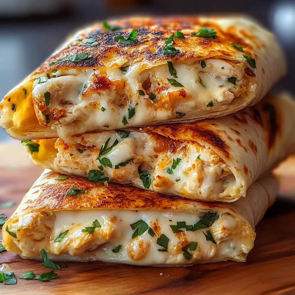 Recipe preparation for Ooey-Gooey Cheesy Garlic Chicken Wraps