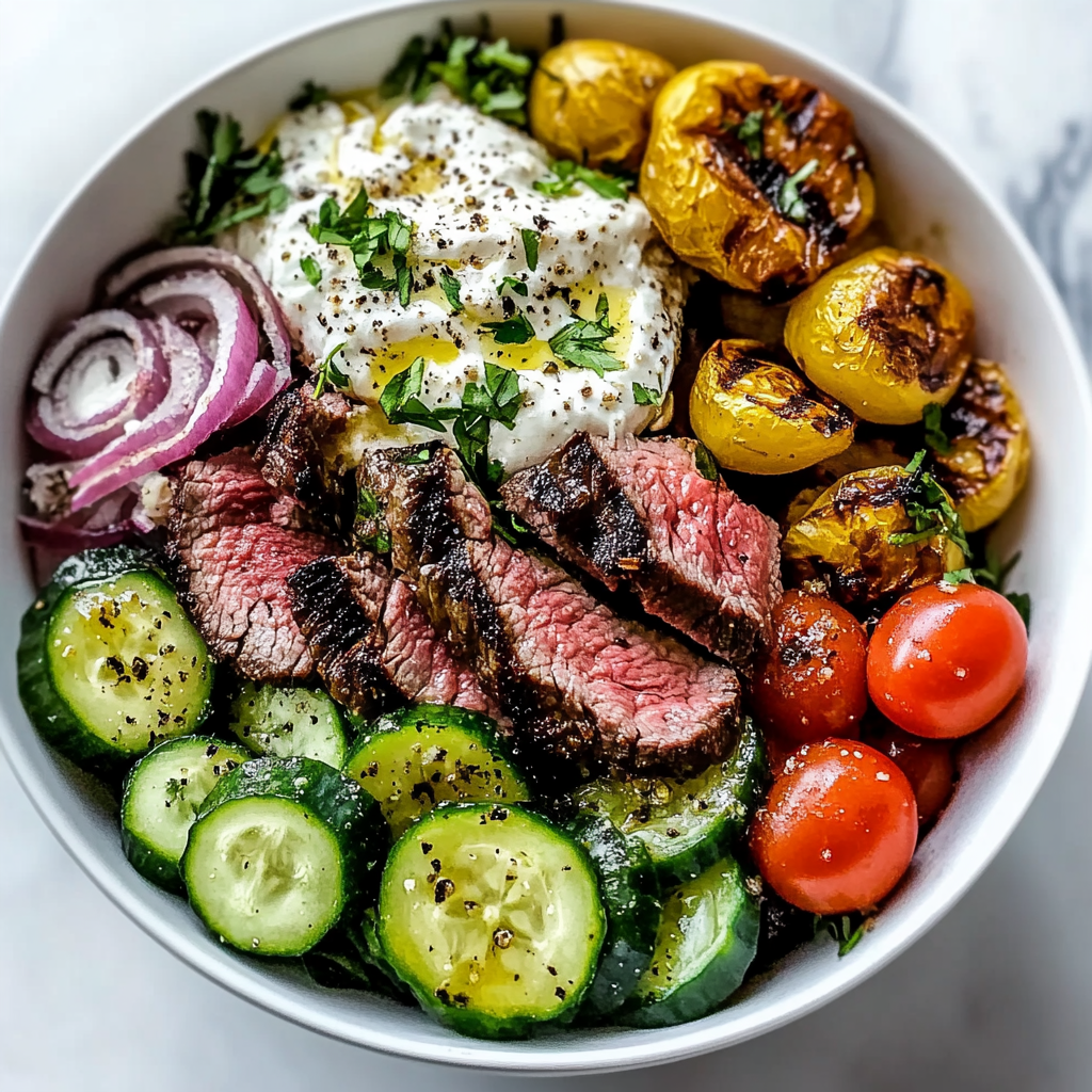 Recipe preparation for Mediterranean Steak Bowl Recipe