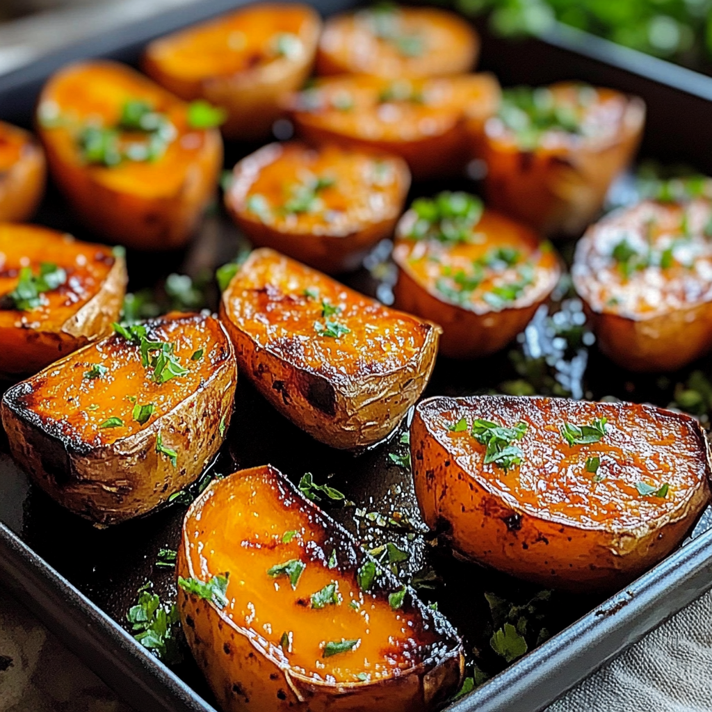 Recipe preparation for Garlic Butter Roasted Sweet Potatoes