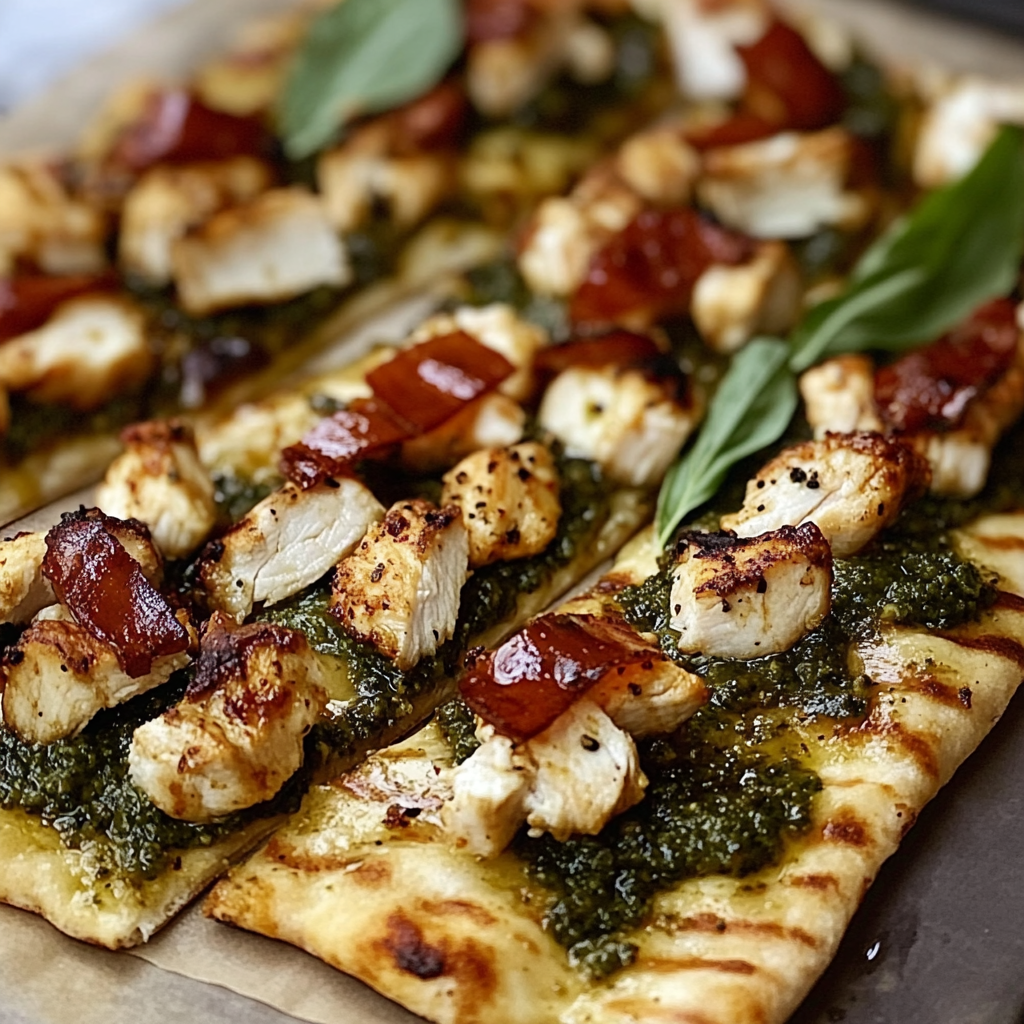 Recipe preparation for Pesto Chicken Flatbread
