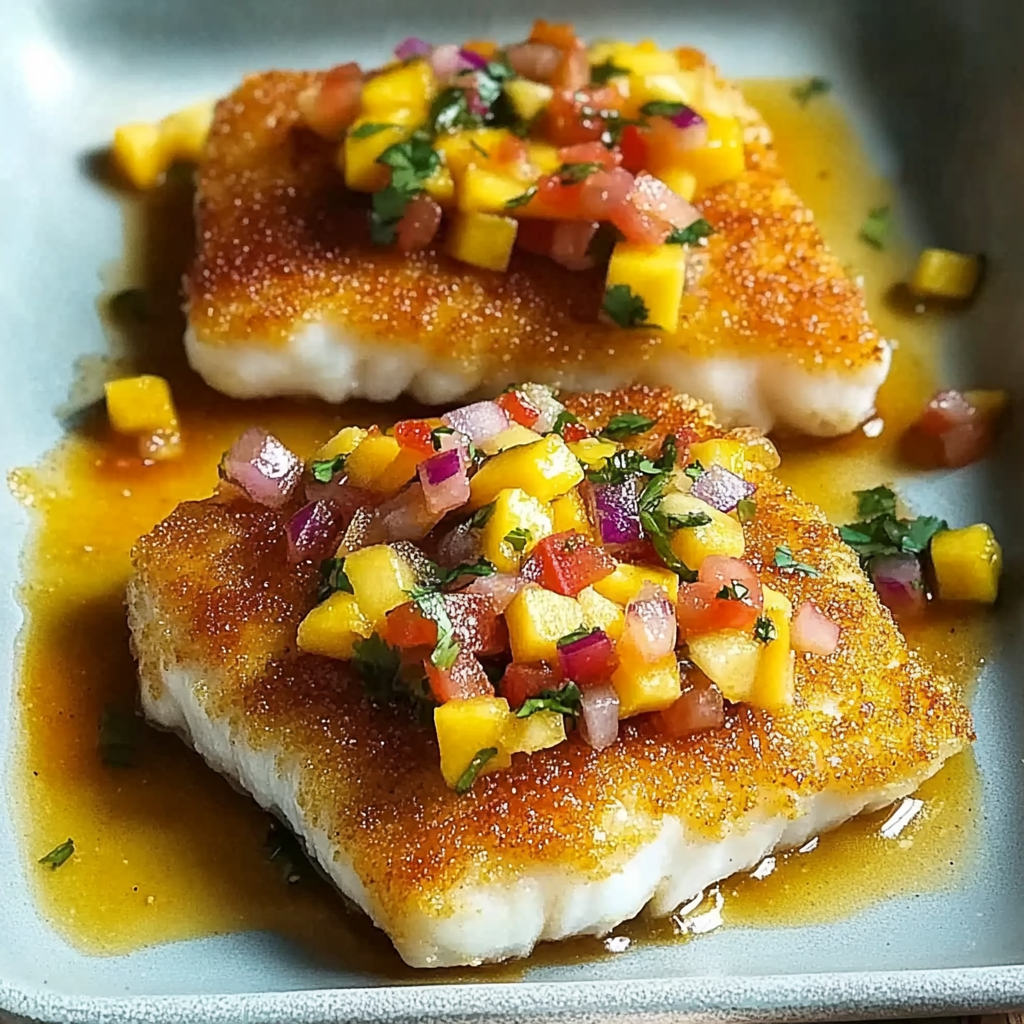 Recipe preparation for Tropical Coconut Crusted Fish with Mango Salsa