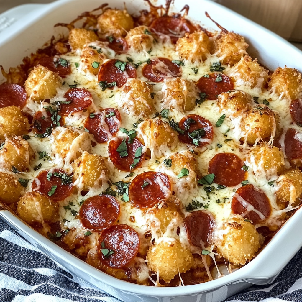 Recipe preparation for Pepperoni Pizza Tater Tot Casserole