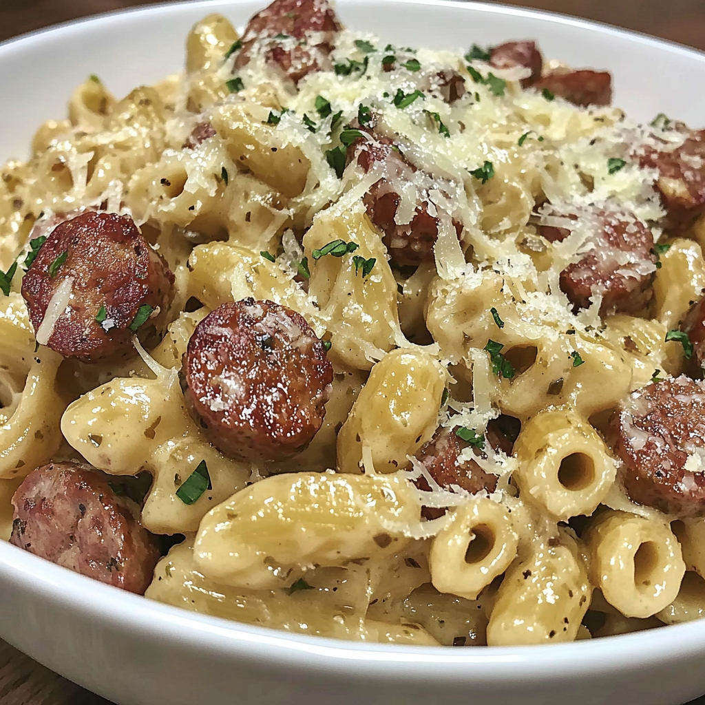 Recipe preparation for Smoked Sausage Alfredo Pasta
