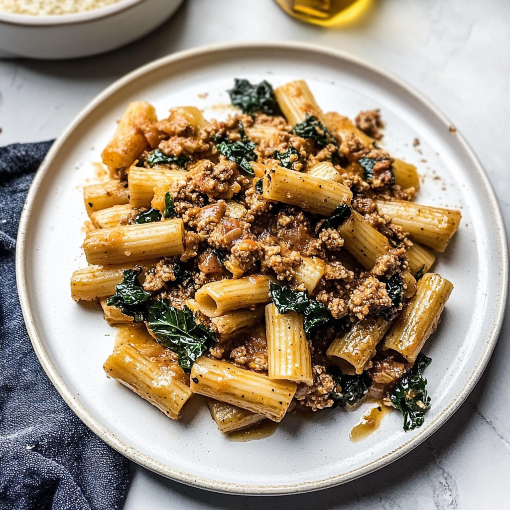 Recipe preparation for Savory Sausage and Kale Rigatoni