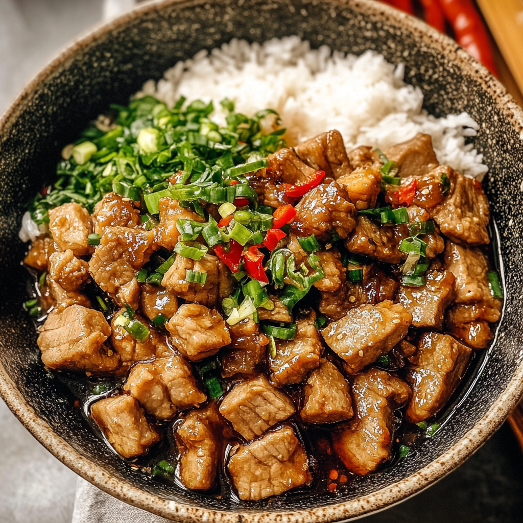 Recipe preparation for Honey Garlic Pork Rice Bowl