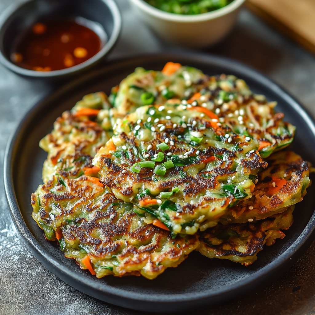 Recipe preparation for Veggie Pancakes with Asian Dipping Sauce