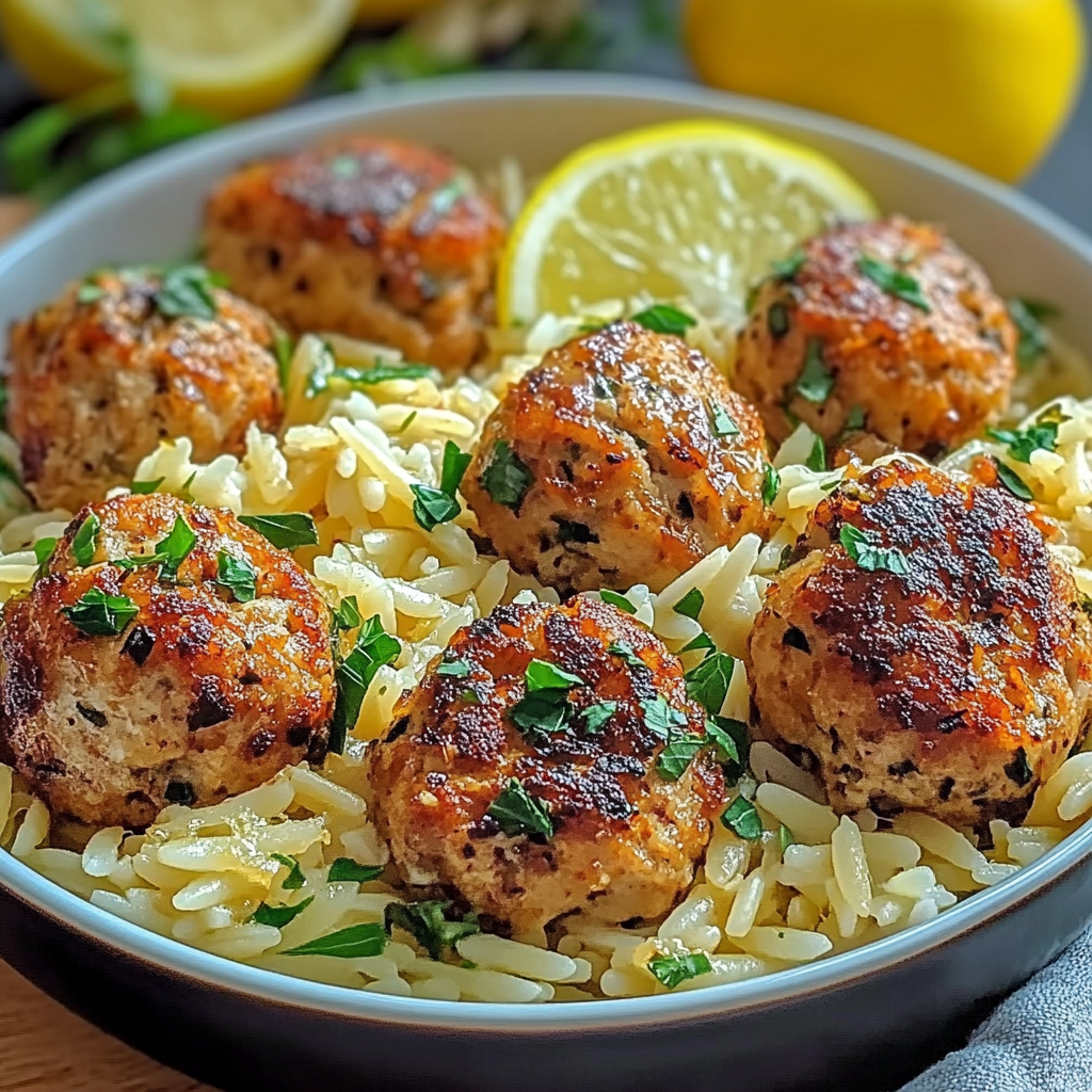 Recipe preparation for Greek Chicken Meatballs with Lemon Orzo