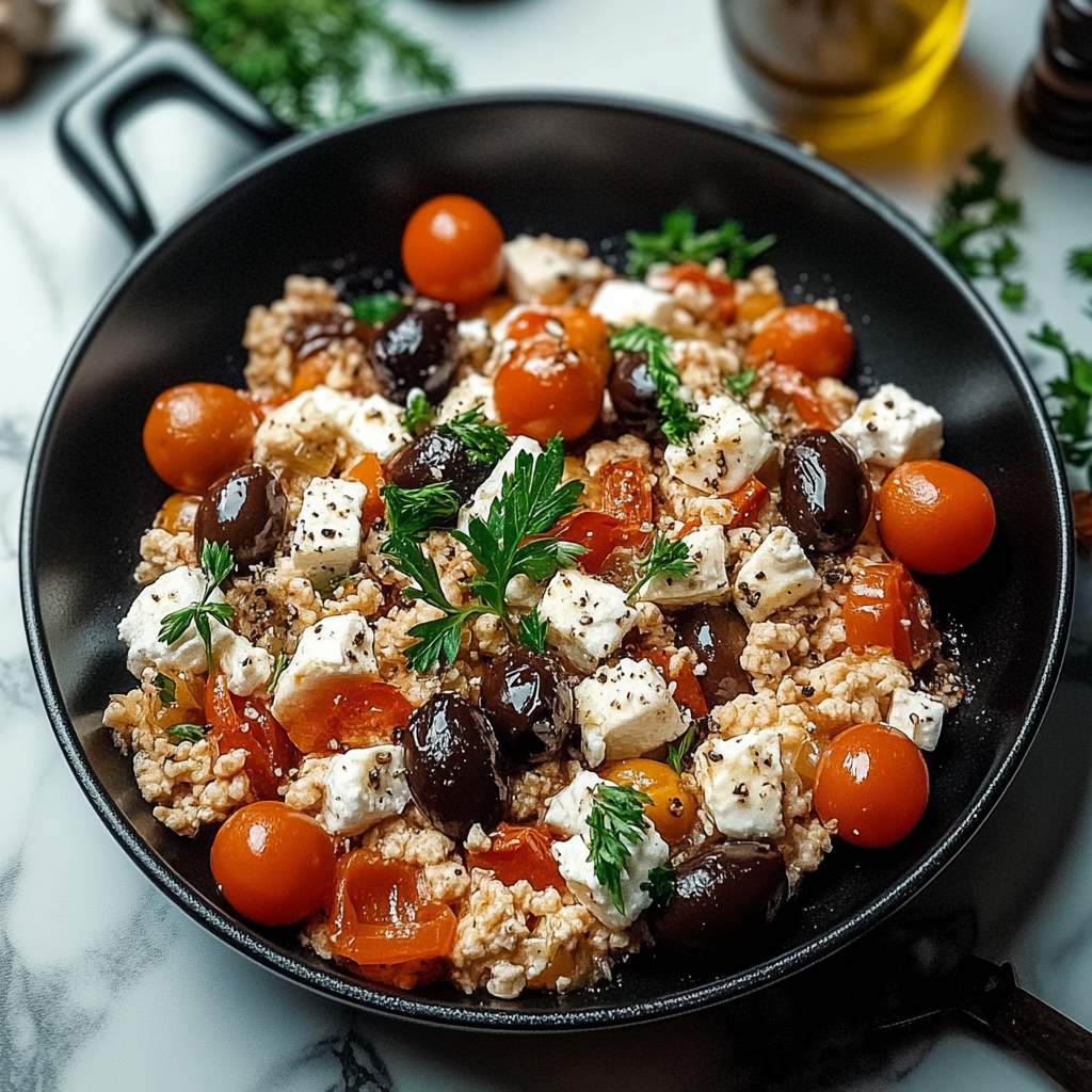 Recipe preparation for Mediterranean Keto Ground Chicken Skillet with Olives and Feta