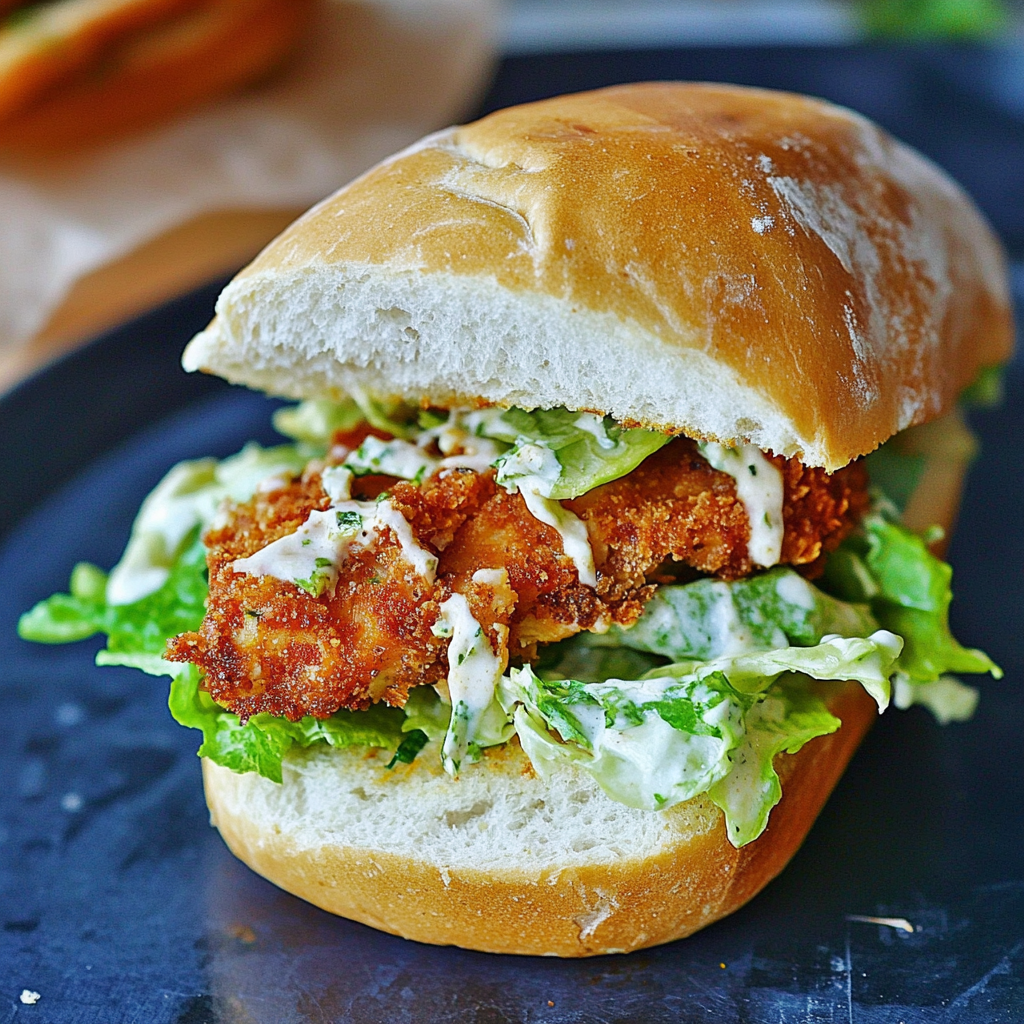 Recipe preparation for Crispy Chicken Caesar Sandwich