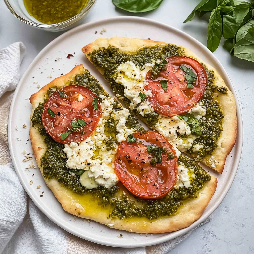 Recipe preparation for Pesto Flatbread Pizza