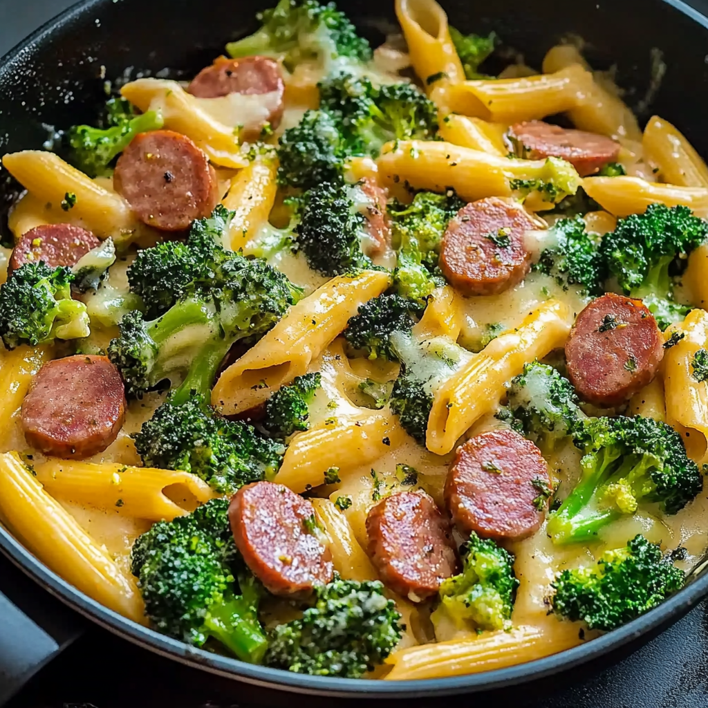 Recipe preparation for Creamy Kielbasa Broccoli Skillet