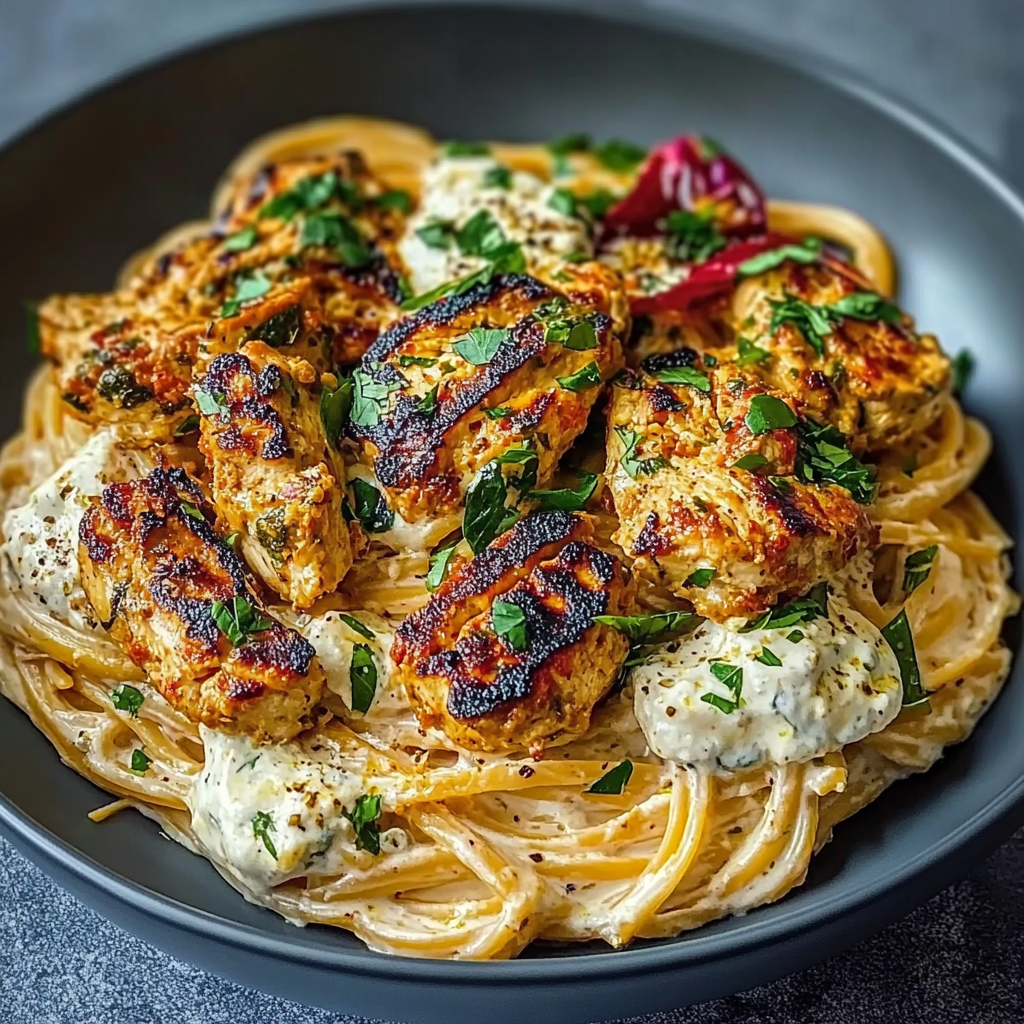 Recipe preparation for Spicy Whipped Feta Chicken Alfredo