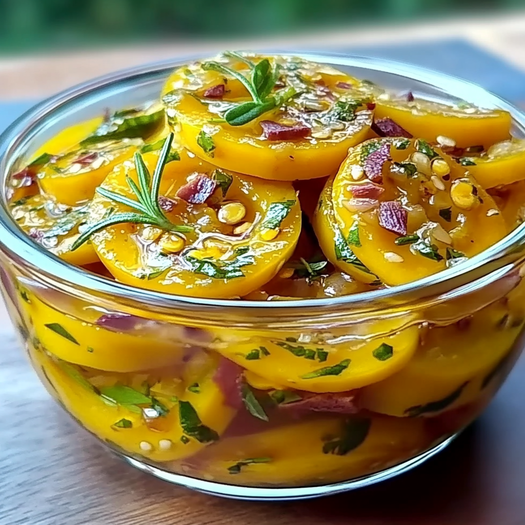 Recipe preparation for Sweet and Tangy Yellow Squash Pickles