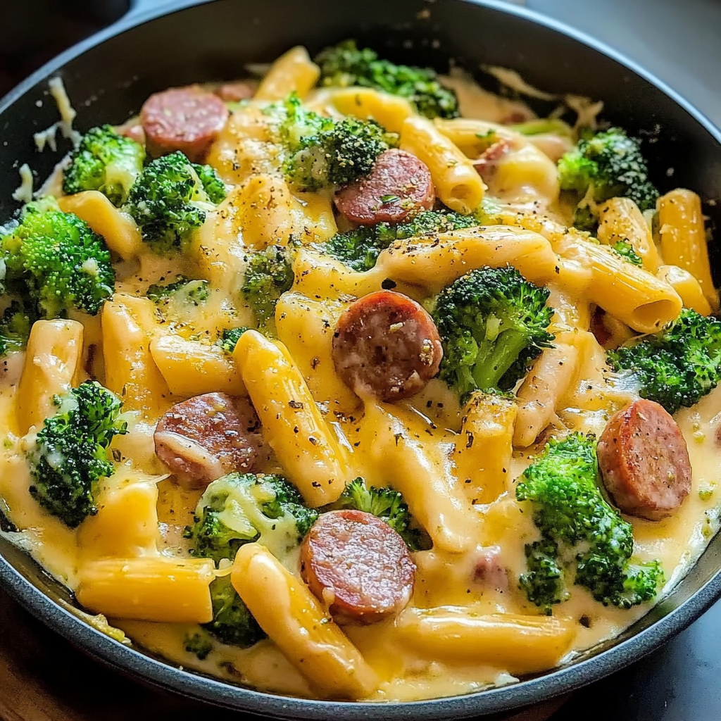 Recipe preparation for Creamy Kielbasa Broccoli Skillet