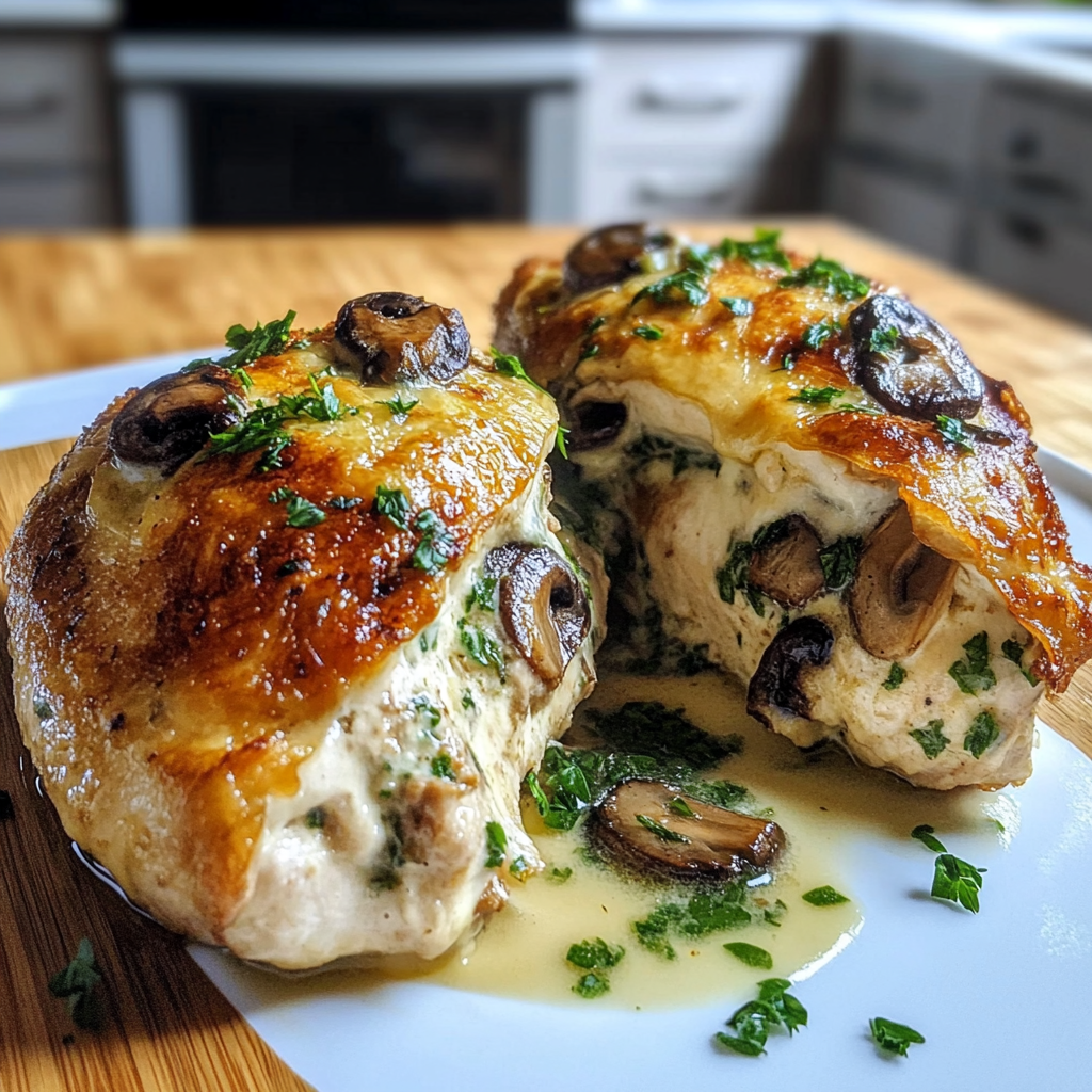 Recipe preparation for Cheesy Garlic Butter Mushroom Stuffed Chicken