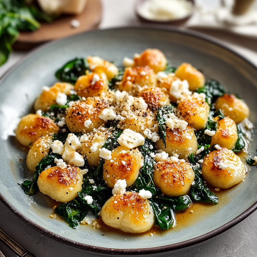 Recipe preparation for Crispy Gnocchi With Spinach And Feta