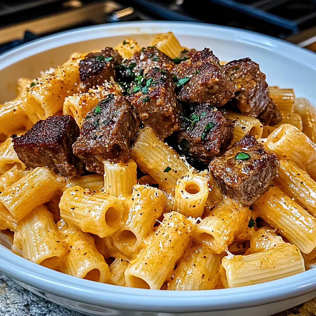 Recipe preparation for Cajun Steak Tips in Cheesy Rigatoni Parmesan Sauce
