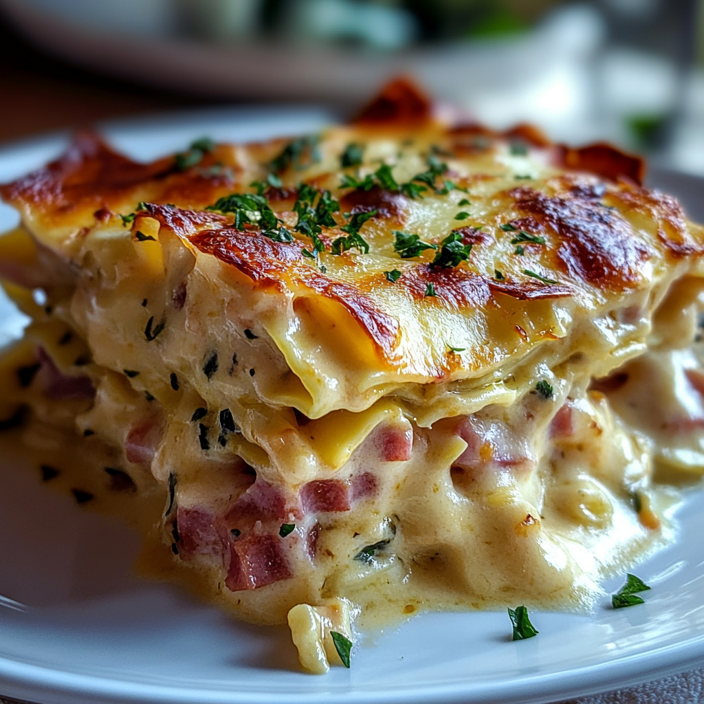 Recipe preparation for Cheesy Ham Lasagna Comfort