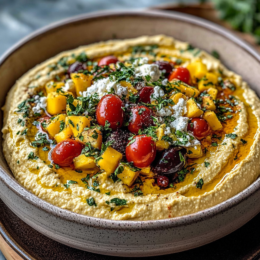 Recipe preparation for Greek Style Loaded Hummus Mango