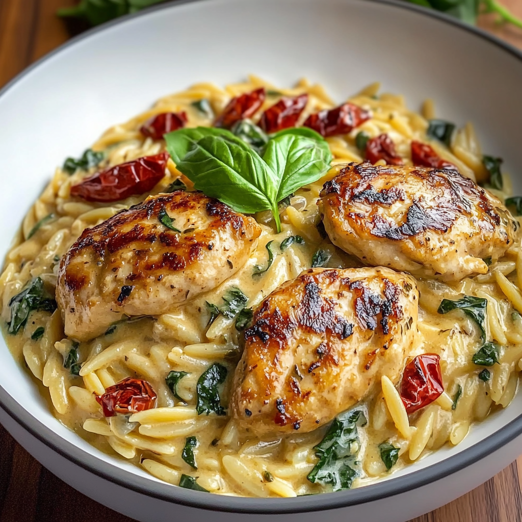Recipe preparation for Slow Cooker Creamy Tuscan Chicken Orzo