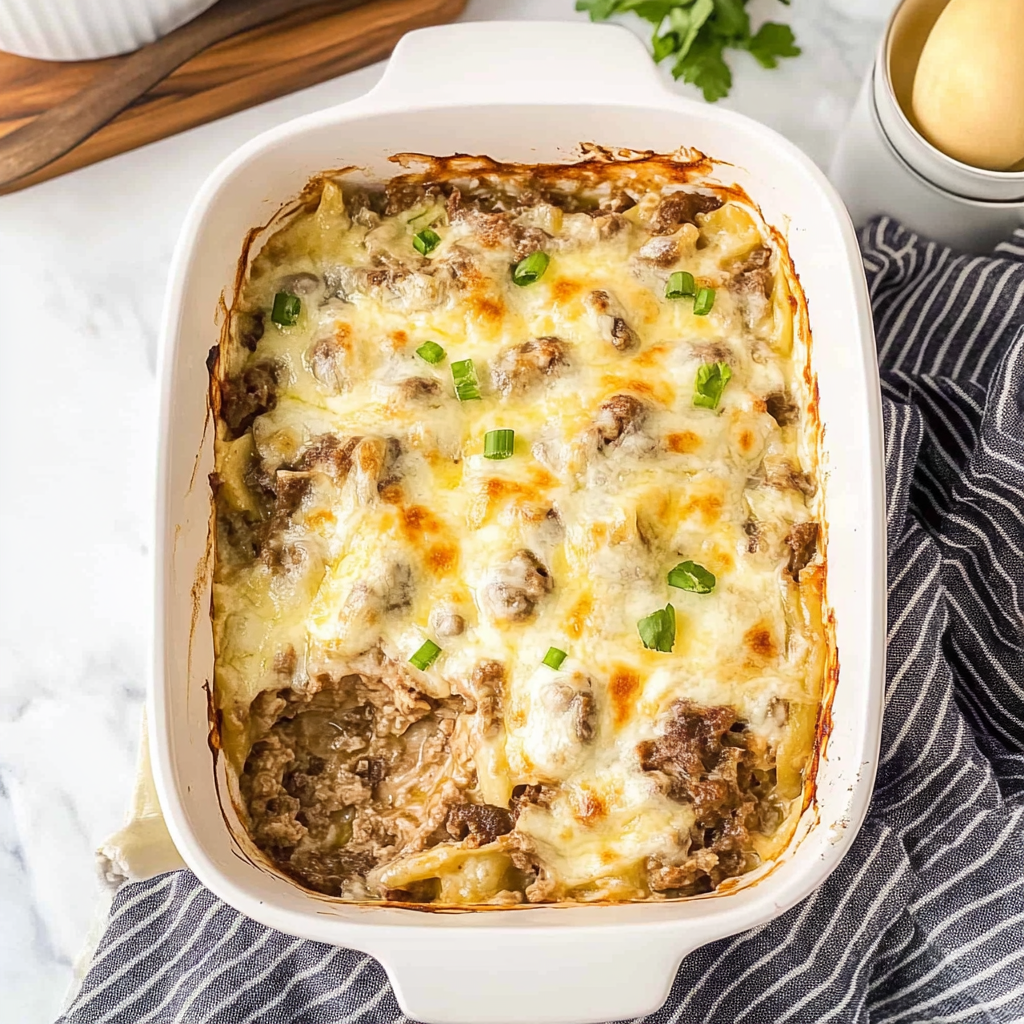 Recipe preparation for Cheesy Low Carb Philly Cheesesteak Casserole