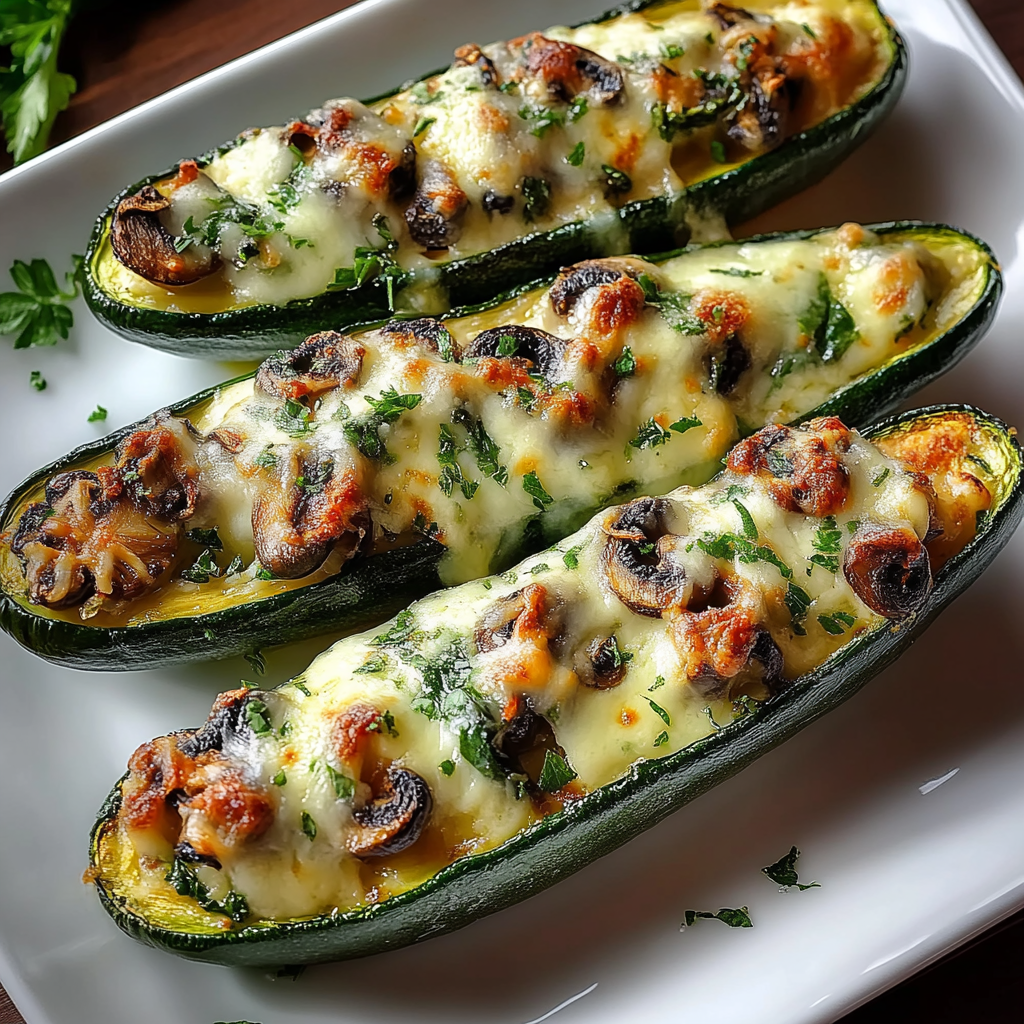 Recipe preparation for Spinach, Mushroom, and Ricotta Stuffed Zucchini Boats