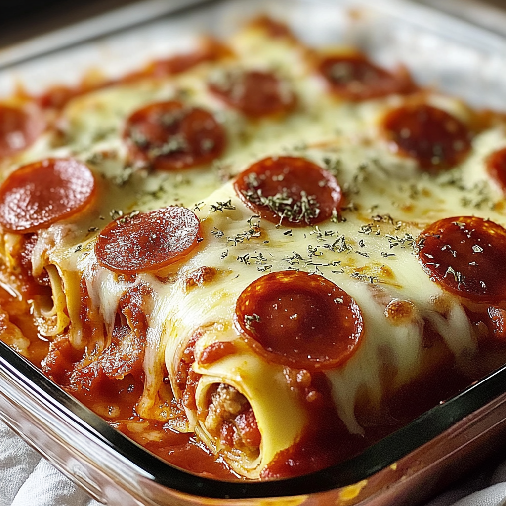 Recipe preparation for Pepperoni Pizza Lasagna Roll Ups