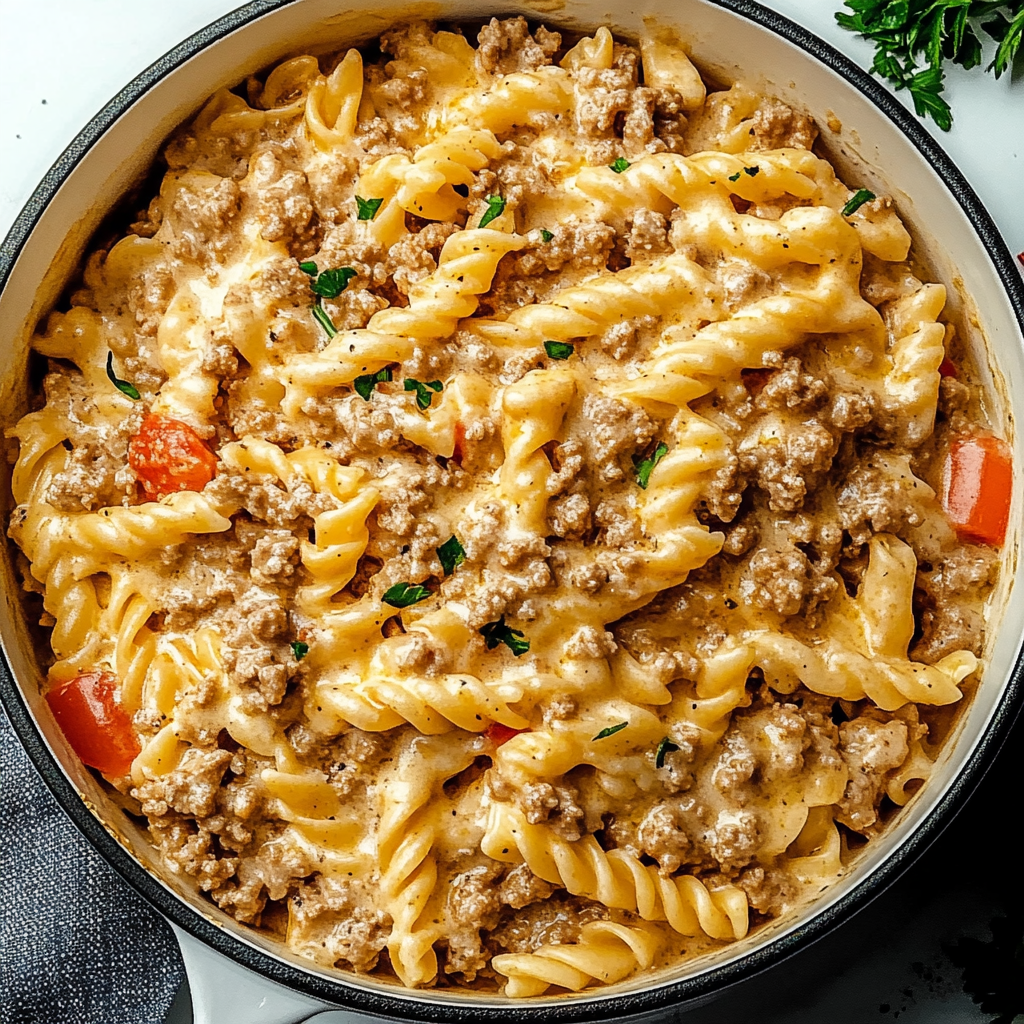 Recipe preparation for Stovetop Creamy Ground Beef Pasta