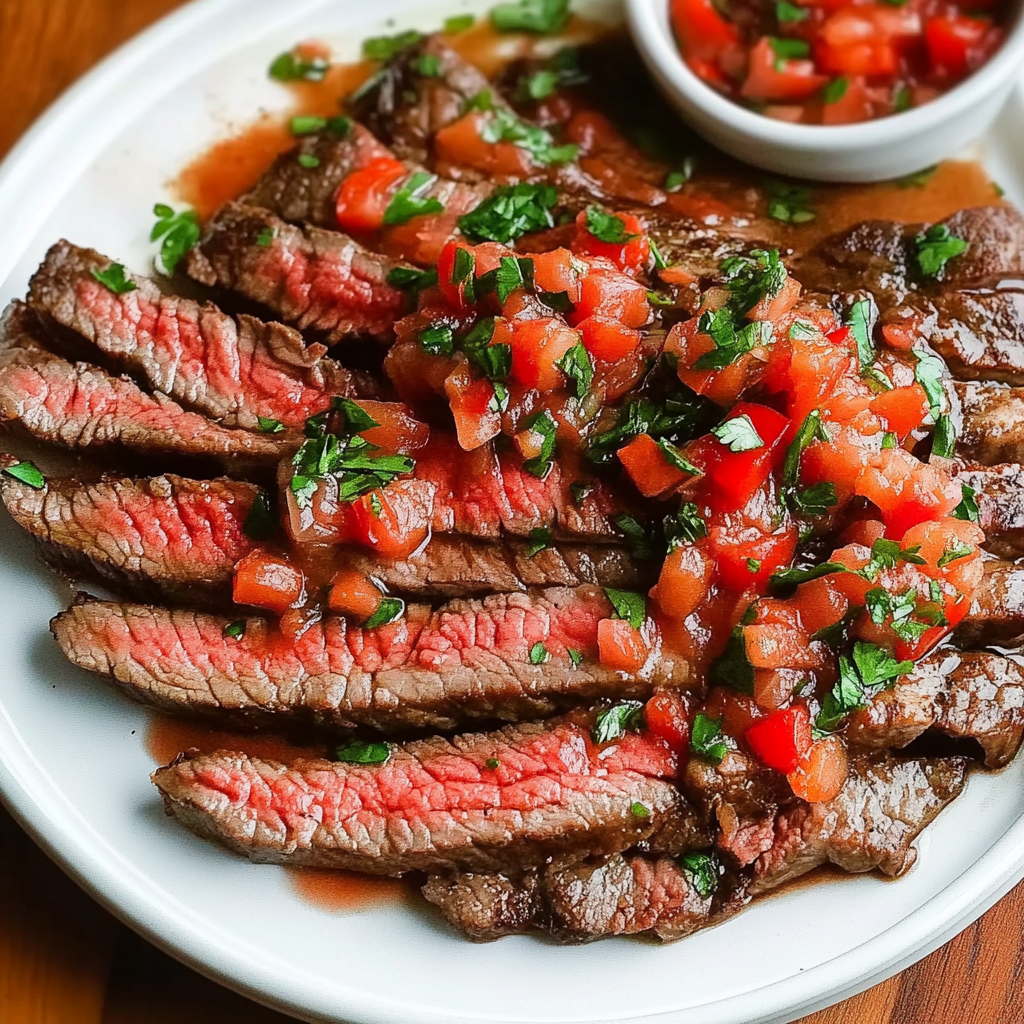 Recipe preparation for Savory Skirt Steak with Roasted Red Pepper Relish Bliss