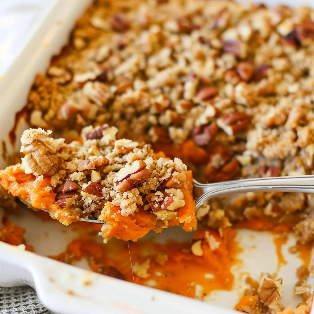 Recipe preparation for Sweet Potato Crunch Casserole with Pecans & Coconut