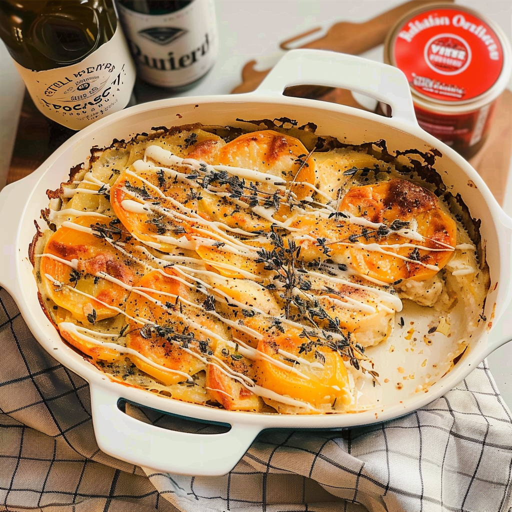 Recipe preparation for Root-Vegetable Gratin with Cream & Herbs